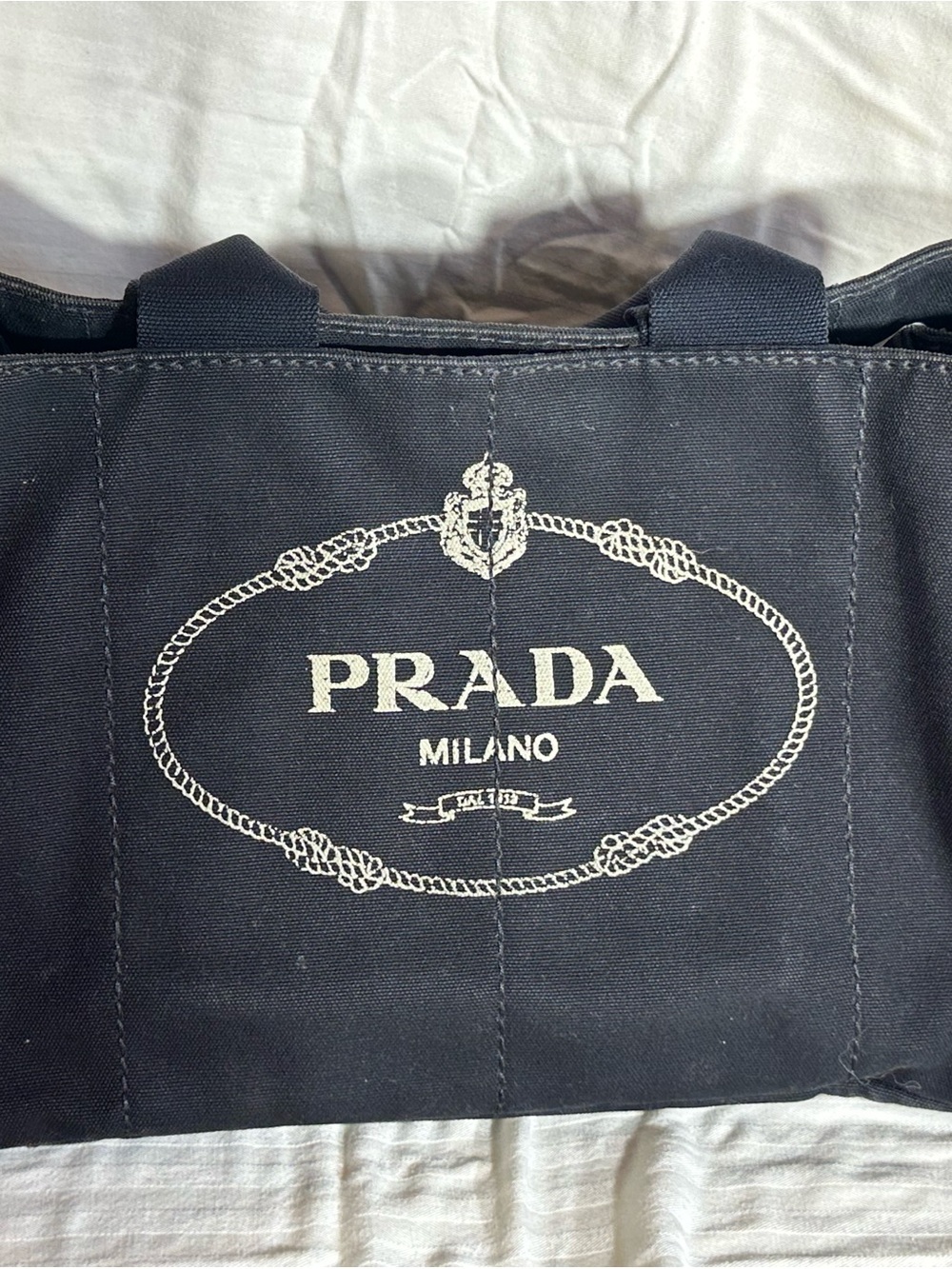 Prada Canapa Black Canvas Tote with White Logo 16x10